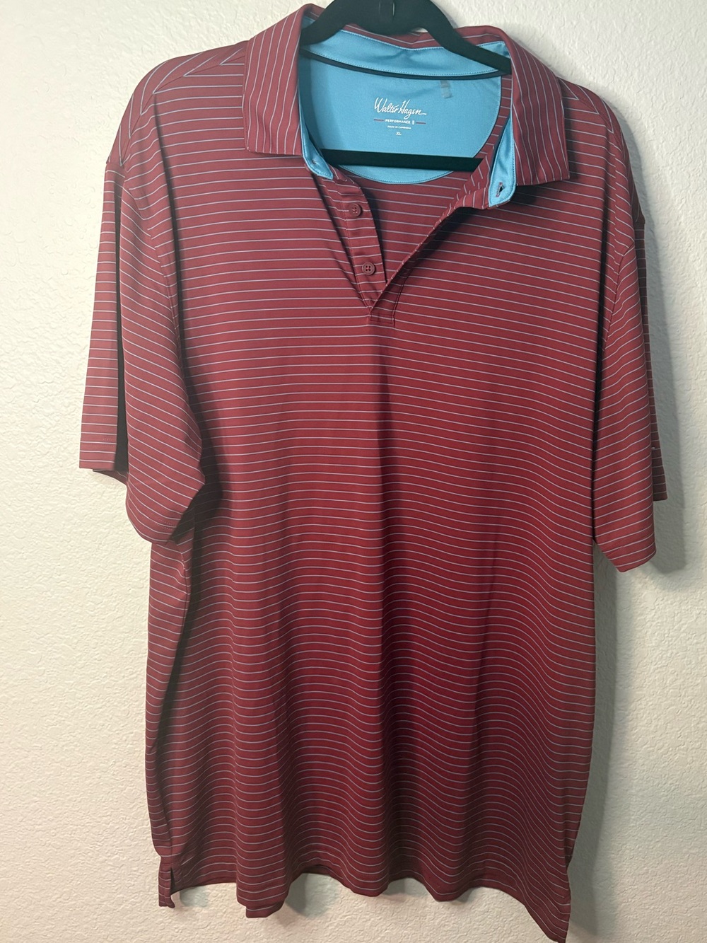 Walter Hagen Men's Burgundy Striped Polo with Light Blue Collar Accent